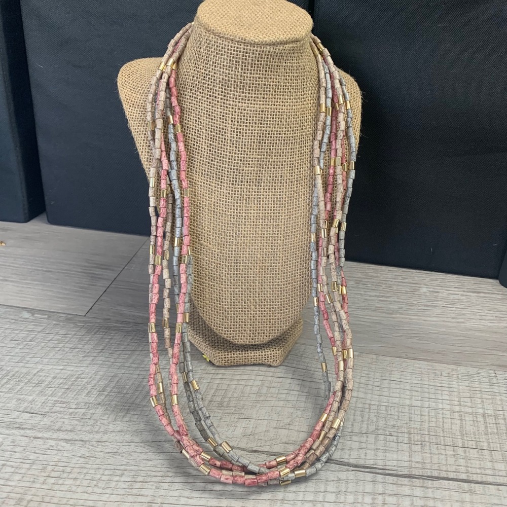 Vintage Multi Strand Beaded Necklace Faux Stone Cylinder Pink Grey Gold 30 Inch